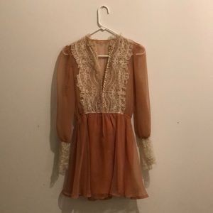 Sheer Vintage Peach and Lace Long Sleeved Dress